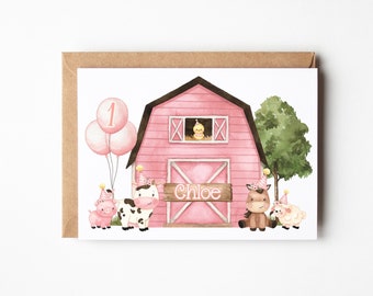 Farm Animal Birthday, ANY Age, 1st Birthday, 2nd  Birthday, Granddaughter birthday, Niece birthday, Cowgirl birthday card, Pink Farm animal