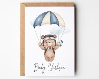 New Baby personalized Bear card, Baby boy Shower Card,  Welcome Baby card,  Watercolor bear, New Baby Card, personalized baby shower card