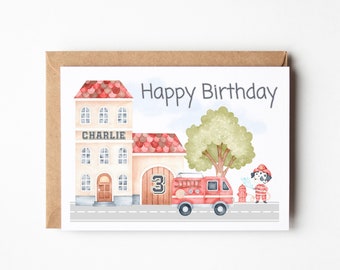 Firetruck personalized birthday card, ANY Age, 1st Birthday, 2nd birthday, for son, for grandson, for nephew, Fire engine card, Fireman