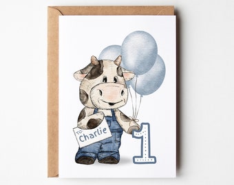 Cow birthday card, personalized ANY Age, boy 1st birthday, 2nd birthday, for Grandson, for Nephew, Cowboy, Baby 1st birthday, for son card