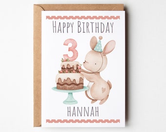 Pink Bunny personalized Birthday card, ANY Age, 1st birthday, 2nd birthday, for Granddaughter, for daughter, for Niece Birthday, Pink Rabbit