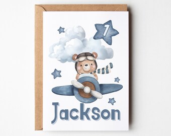 Airplane Bear birthday card, custom ANY Age, 1st birthday card, 2nd birthday card, baby 1st birthday, Grandson birthday, Nephew Birthday