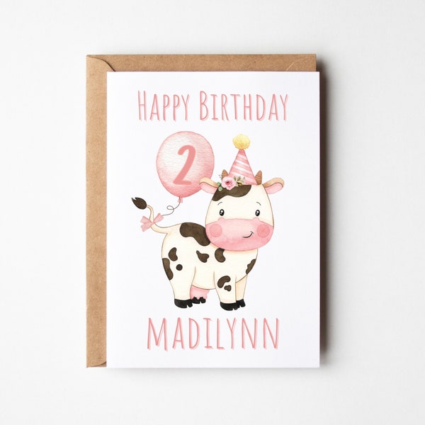 Farm Cow personalize ANY Age 1st 2nd 3rd birthday card stickers, Gift for Granddaughter,  Gift for Niece, Cowgirl birthday card, Pink Cow