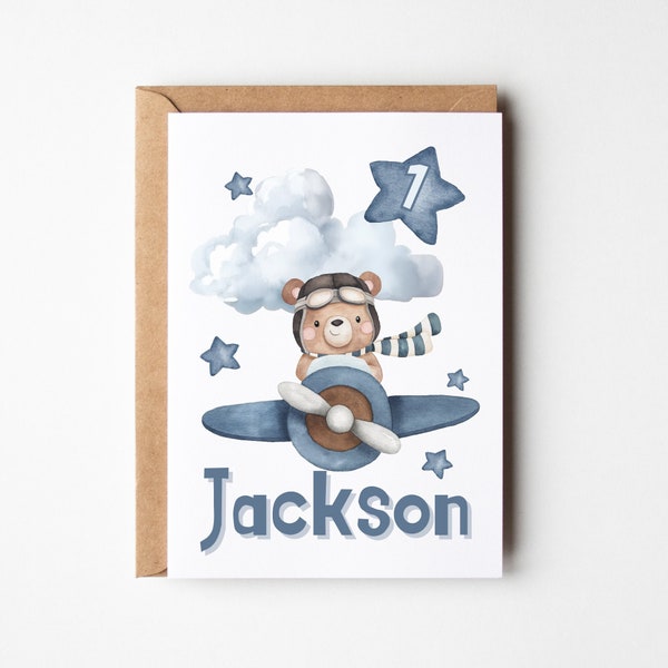 Airplane Bear birthday card, custom ANY Age, 1st birthday card, 2nd birthday card, baby 1st birthday, Grandson birthday, Nephew Birthday