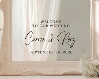 Personalised Wedding Name & Date Welcome Label for your Mirror, Acrylic or Glass Vinyl Sign