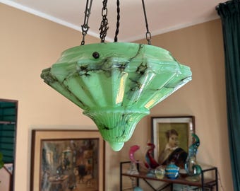 Lampadario Art Déco in vetro marmorizzato verde, anni '30