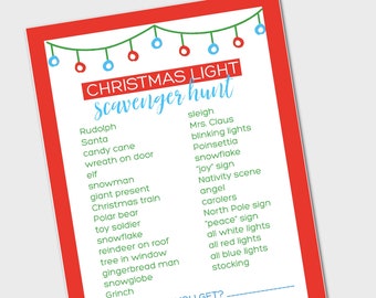 Christmas Light Scavenger Hunt, Neighborhood Light Scavenger Hunt, Holiday Lights Car Ride Game, Printable Christmas Family Activity