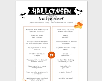 May include: A printable Halloween-themed "Would You Rather" game with 10 different spooky scenarios. The game is designed for kids and adults to play and features a black and white spider web design.