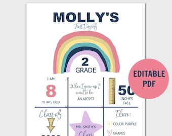 Back to School, Editable First Day of School Sign, Last Day of School Sign, Rainbow sign, School Stats Sign, Reusable School Sign