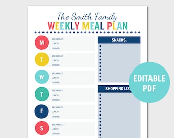 Family Weekly Meal Planner, Editable Meal Planner, Weekly Meal Planner Printable, Menu Shopping List, Minimalist Meal Planner, Editable PDF