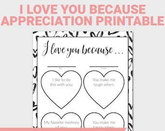 Puede incluir: Tarjeta imprimible "Te quiero porque..." para rellenar con cuatro secciones en forma de corazón para escribir las razones por las que quieres a alguien. La tarjeta está decorada con corazones negros y blancos y el texto "Te quiero porque..." en cursiva negra.