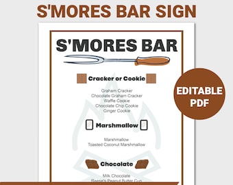 May include: Printable sign for a s'mores bar with the title "S'mores Bar" in brown text. The sign lists the ingredients for s'mores: "Cracker or Cookie", "Marshmallow", and "Chocolate". The sign is 8.5 x 11 inches and is a digital download.