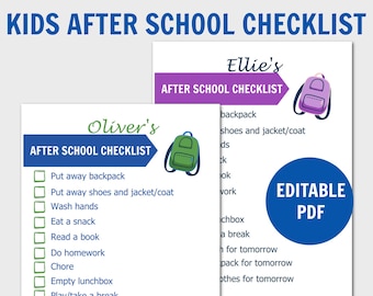 Kids After School Checklist, Kids Routine Charts, After School, Chore Chart, School Routine, Editable PDF