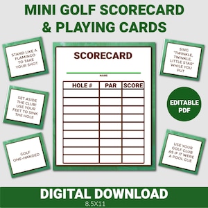 Tarjeta de puntuación de mini golf editable, tarjeta de puntuación de fiesta de golf, cumpleaños de golf, hoja de puntuación de golf