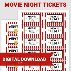 Printable Movie Night Admission Tickets, Movie Night Party, Family Movie Night, Movie Night Birthday, Movie Ticket, INSTANT DOWNLOAD