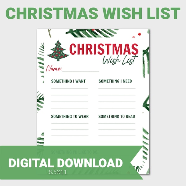 Kids Christmas Wish List, 5 Gift Rule, Want Need Wear Read, Christmas Wish List, Holiday Wish List, Printable Holidays Wish List