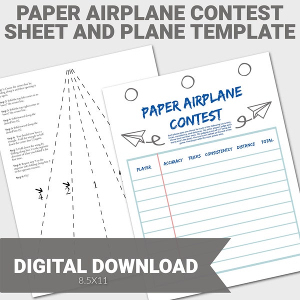 Paper Airplane Contest Judging Sheet, Print and Fold Paper Airplane, Printable Kids Activity, Paper Airplane, PDF