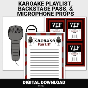 Karaoke Party Props and Playlist, Photo Props, Karaoke Backstage Pass, Printable Karaoke Party