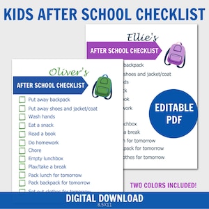 Kids After School Checklist, Kids Routine Charts, After School, Chore Chart, School Routine, Editable PDF