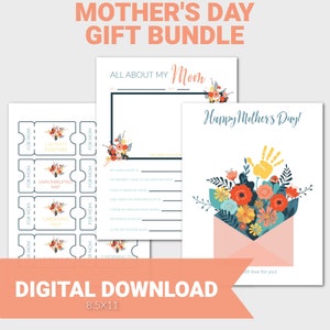 Pacchetto stampabile per la festa della mamma, artigianato con impronte floreali per la festa della mamma, tutto su mia mamma, riempi gli spazi vuoti, coupon per la festa della mamma, PDF