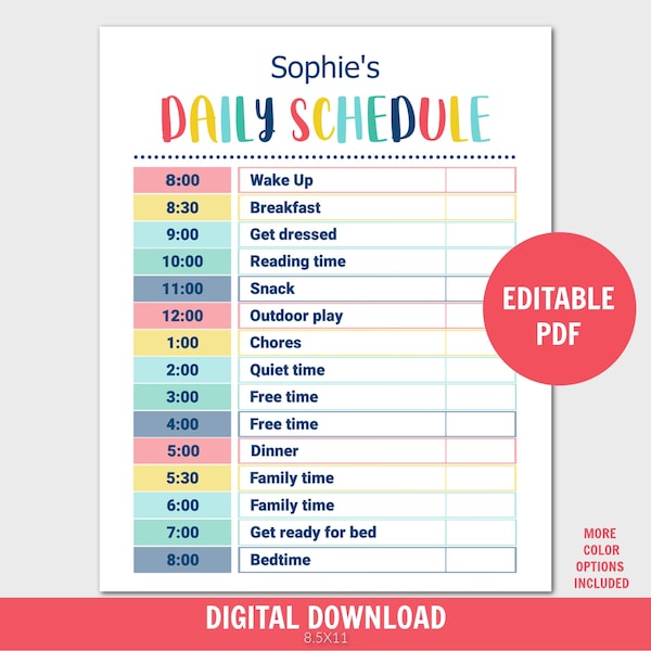 Kids Daily Schedule Template, Homeschool Daily Routine, Editable PDF, Daily Routine, PDF