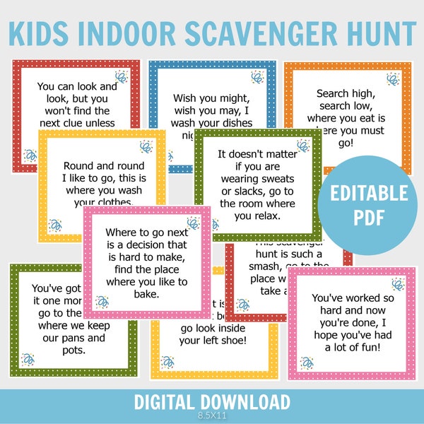 Kids Indoor Scavenger Hunt, Treasure Hunt for Kids, Treasure Hunt Template, Birthday Treasure Hunt, Clue Cards, Editable Scavenger Hunt Card