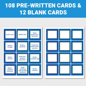 May include: A set of 108 pre-written cards and 12 blank cards with blue backgrounds and white text. The cards have instructions for building with blocks, such as "Build a tool", "Build a fish", "Make glasses you can wear", "Create the tallest tower you can", "Build a volcano", "Build your favorite superhero", "Build a company logo", "Build a national landmark", "Build something with exactly 30 blocks", and "Build a monster".