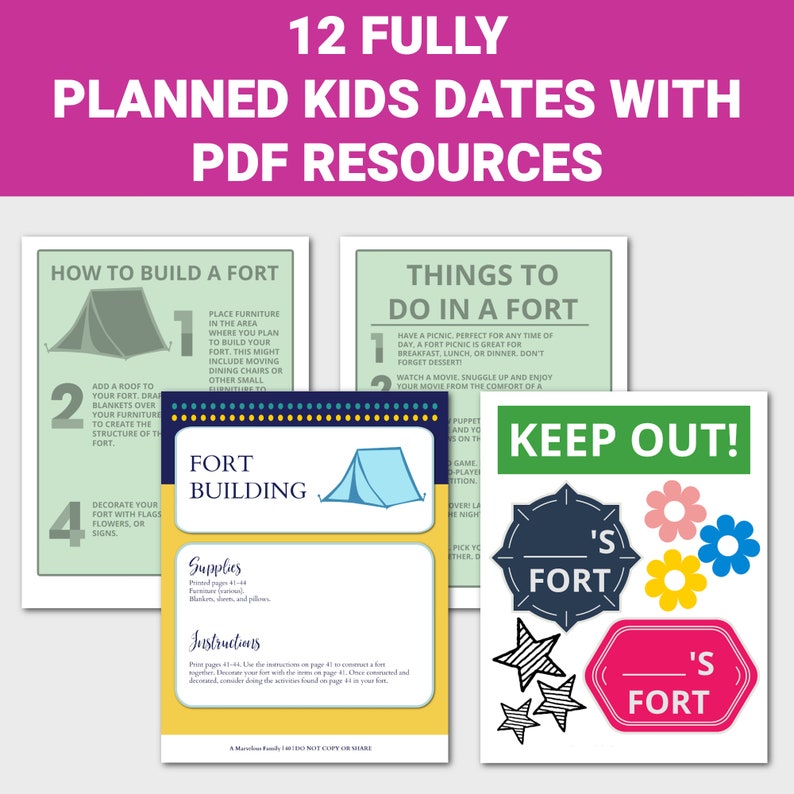 Puede incluir: Un recurso PDF imprimible para planificar citas para ni&ntilde;os. El recurso incluye instrucciones sobre c&oacute;mo construir un fuerte, cosas que hacer en un fuerte y letreros imprimibles para un fuerte. Los letreros son de color rojo, azul y verde con estrellas blancas y el texto 'Keep Out!' y 'S Fort'.