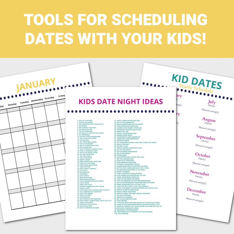 Puede incluir: Un calendario imprimible con una cuadr&iacute;cula de calendario de enero y una lista de ideas para citas nocturnas con ni&ntilde;os. El calendario se titula "Enero" y la lista se titula "Ideas para citas nocturnas con ni&ntilde;os".