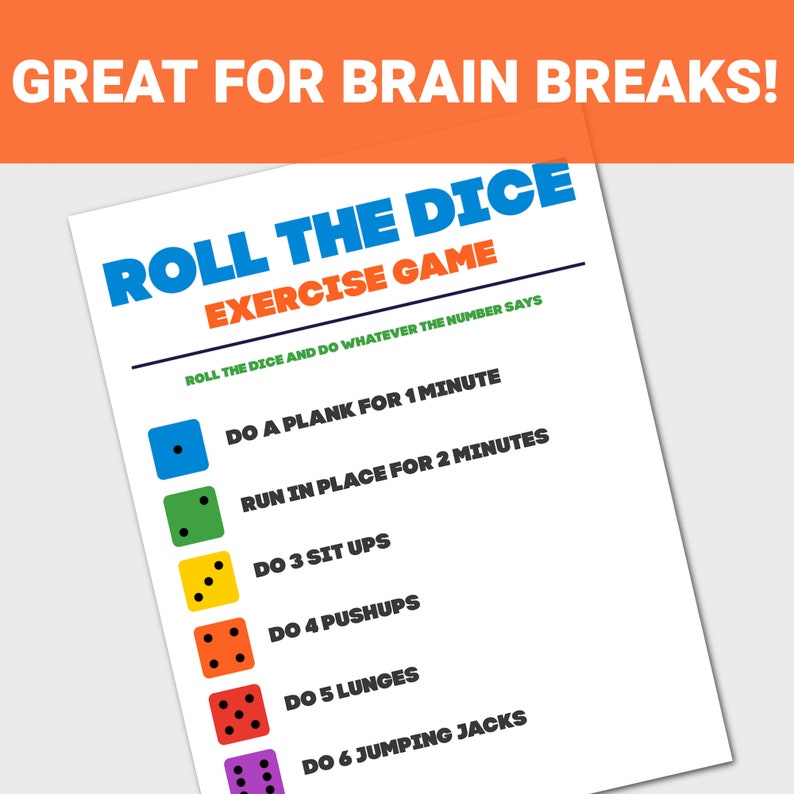 Workout Dice Game, Brain Break, Roll the Dice Workout for Kids, Kids