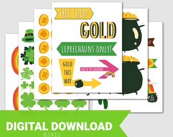 Pode incluir: Um kit de armadilha para duendes imprimível com instruções para uma festa do Dia de São Patrício. O kit inclui uma placa que diz "Ouro grátis! Ouro apenas para duendes!" e um pote de ouro no final do arco-íris.