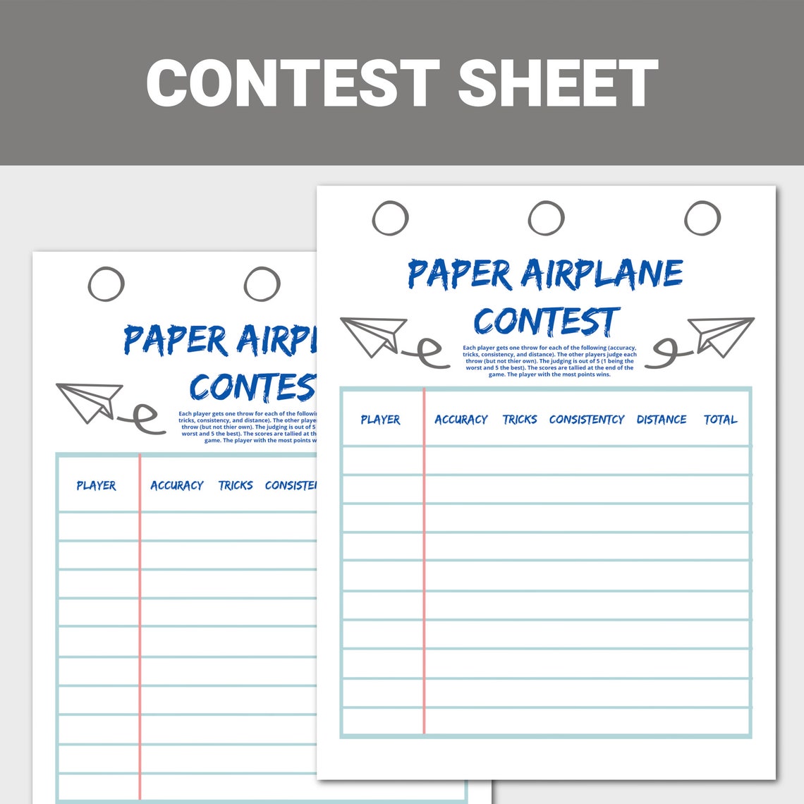 Paper Airplane Contest Judging Sheet, Print and Fold Paper Airplane