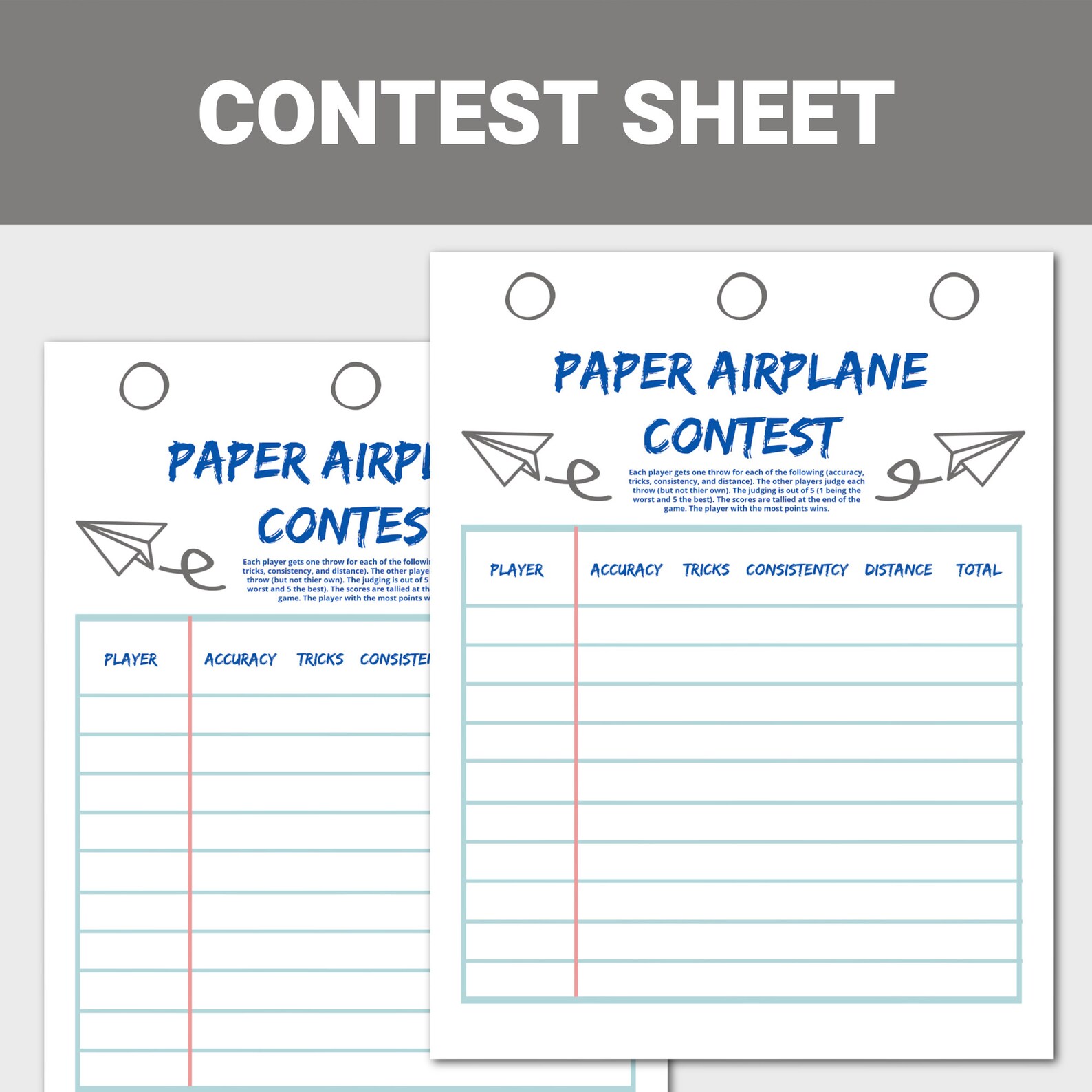 Paper Airplane Contest Judging Sheet, Print and Fold Paper Airplane