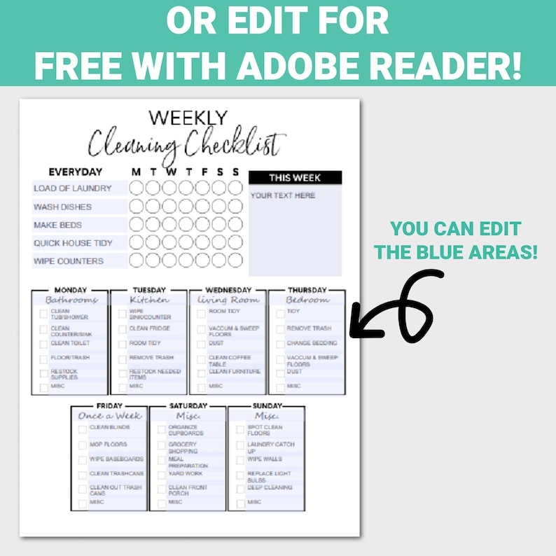 Editable Cleaning Schedule Weekly Cleaning Checklist - Etsy