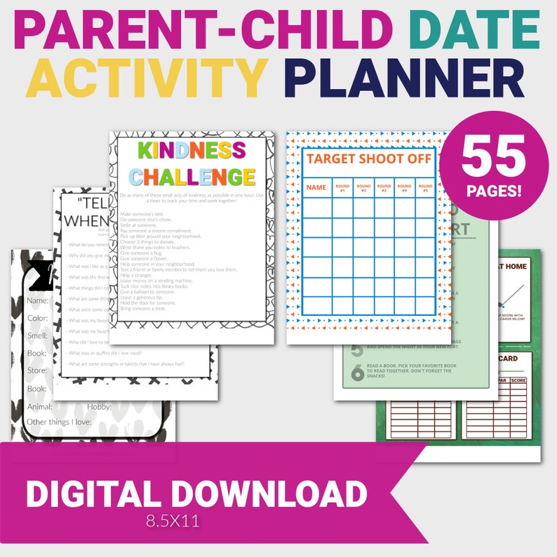 Puede incluir: Una descarga digital de un planificador de actividades de citas para padres e hijos con 55 p&aacute;ginas. El planificador incluye actividades como un desaf&iacute;o de amabilidad, un tiro al blanco y un juego de "decir cu&aacute;ndo". El planificador mide 8,5 pulgadas por 11 pulgadas.