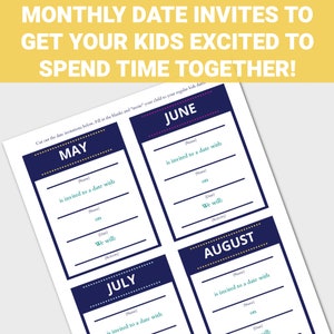 Puede incluir: Invitaciones de citas mensuales imprimibles para ni&ntilde;os con un esquema de color azul y amarillo. Las invitaciones tienen espacio para completar el nombre del ni&ntilde;o, la fecha y la actividad. Los meses incluidos son mayo, junio, julio y agosto.