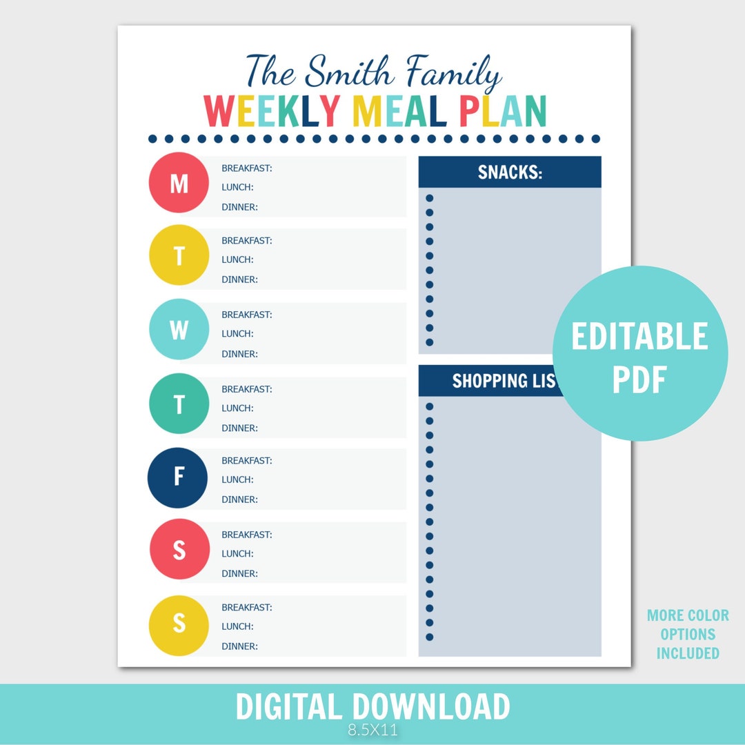Family Weekly Meal Planner, Editable Meal Planner, Weekly Meal Planner ...