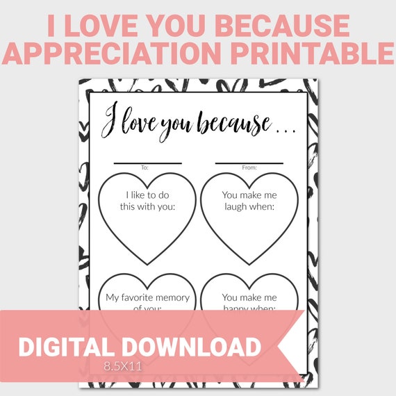 I Love You Because Printable Appreciation Printable Kids - Etsy