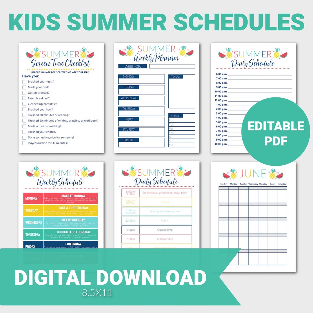 Kids Summer Schedule, Kids Schedule, Summer Calendar, Editable PDF ...