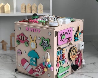 Pink busy cube, wooden activity cube for toddlers, custom baby gift