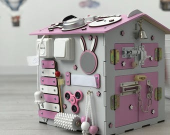 Wooden motor skills toy, activity montessori cube, toddler busy cube, handmade busy box for babies, one year old gift