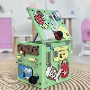 Sensory activity busy cube, wooden baby toy, toddler fidget cube, educational fine motor skills board, fidget baby toy, first birthday gift