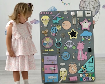 Custom busy board, wooden toddler activity, learning baby toy for development