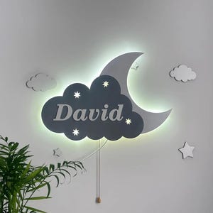 Personalized led cloud light, custom name baby night light, cloud nursery room decor, moon night light, cloud bedside lamp