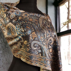 Narrow Black Silk Shawl, Traditional Pattern Silk Scarf, Valentine&#39;s Day Gift