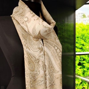 Hand-Woven Beige Silk Shawl: Traditional Pattern Scarf, Luxury Wrap, Christmas Gift