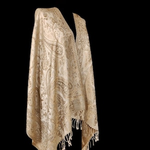 Hand-Woven Beige Silk Shawl: Traditional Pattern Scarf, Luxury Wrap, Christmas Gift