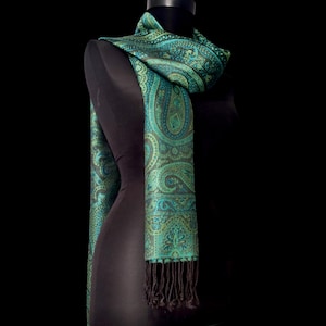 Handwoven Green Silk Shawl: Traditional Pattern Scarf 70x190