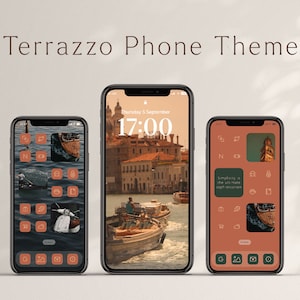 May include: Three iPhone mockups with a terrazzo phone theme. The mockups show a variety of app icons with a terrazzo design. The background of the mockups is a light brown color.