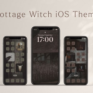 May include: Three iPhone mockups displaying a dark, cottagecore-themed iOS home screen with icons featuring a skull, a raven, a bull skull, and a burning fireplace. The time is displayed as 17:00 on the centre phone.